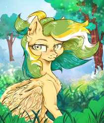 Size: 2488x2957 | Tagged: safe, artist:nazalik, imported from derpibooru, oc, oc only, oc:shinebite, oc:shinebite fantom.ent, pegasus, chest fluff, colored background, flowers everywhere, grass, grass field, green background, mane, multicolored eyes, multicolored hair, piercing, simple background, tree