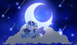 Size: 2242x1306 | Tagged: safe, artist:pelinstwinkle, imported from derpibooru, oc, oc only, alicorn, pony, alicorn oc, cloud, crescent moon, horn, moon, on a cloud, shooting star, solo, wings