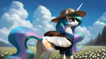 Size: 2560x1440 | Tagged: safe, artist:dovakkins, derpibooru exclusive, imported from derpibooru, princess celestia, alicorn, pony, ai assisted, ai content, ai generated, backpack, celestia is amused, clothes, cloud, cloudy, female, flower, flower field, forest, generator:pony diffusion v6 xl, generator:stable diffusion, hat, mare, mountain, nature, olympic rings, plane, retirement, scenery, shirt, smiling, solo, straw hat, tail, tourist, tree, wavy mane, wavy tail