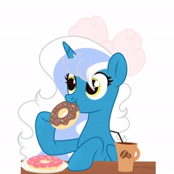 Size: 6890x6890 | Tagged: safe, artist:riofluttershy, imported from derpibooru, oc, oc only, oc:fleurbelle, alicorn, pony, alicorn oc, bow, coffee, coffee mug, donut, eating, female, food, hair bow, horn, mare, mug, simple background, solo, straw, white background, wings, yellow eyes