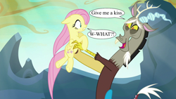 Size: 1280x720 | Tagged: safe, edit, edited screencap, imported from derpibooru, screencap, discord, fluttershy, to where and back again, discoshy, female, kiss me you fool, male, shipping, speech bubble, straight