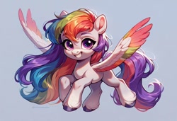 Size: 700x479 | Tagged: safe, imported from derpibooru, oc, oc only, pegasus, ai content, ai generated, anonymous prompter, female, filly, foal, g5, generator:pony diffusion v6 xl, generator:stable diffusion, implied inbreeding, implied incest, inbreeding, incest, looking, looking at you, multicolored hair, offspring, parent:pipp petals, parent:zipp storm, product of incest, rainbow hair, simple background, solo, wings