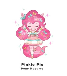 Size: 1232x1399 | Tagged: safe, artist:koyii-kong, imported from derpibooru, pinkie pie, anthro, earth pony, bow, bowtie, clothes, cute, diapinkes, dress, female, hair bow, jacket, mare, name, open mouth, open smile, simple background, smiling, solo, watermark, white background