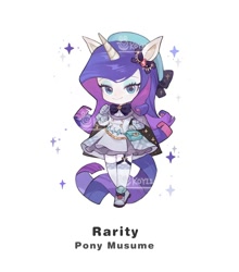 Size: 1232x1399 | Tagged: safe, artist:koyii-kong, imported from derpibooru, rarity, anthro, unicorn, bow, clothes, dress, female, gloves, hat, horn, mare, simple background, socks, solo, sparkles, stockings, thigh highs, watermark, white background