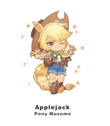 Size: 1232x1399 | Tagged: safe, artist:koyii-kong, imported from derpibooru, applejack, anthro, earth pony, apple, applejack's hat, boots, clothes, cowboy boots, cowboy hat, denim, denim shorts, female, food, hat, looking at you, mare, one eye closed, shoes, shorts, simple background, smiling, smiling at you, solo, sparkles, vest, watermark, white background, wink, winking at you, zap apple