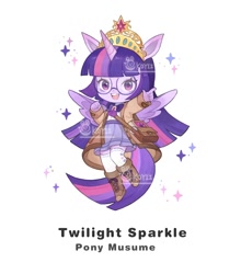 Size: 1232x1399 | Tagged: safe, artist:koyii-kong, imported from derpibooru, twilight sparkle, alicorn, anthro, bag, big crown thingy, book, book bag, boots, clothes, cute, element of magic, female, glasses, jacket, jewelry, mare, name, open mouth, open smile, regalia, round glasses, shoes, simple background, skirt, smiling, solo, sparkles, twiabetes, twilight sparkle (alicorn), watermark, white background
