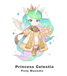 Size: 1232x1399 | Tagged: safe, artist:koyii-kong, imported from derpibooru, princess celestia, alicorn, anthro, clothes, dress, female, frock coat, looking at you, mare, name, smiling, smiling at you, solo, sparkles, staff, watermark