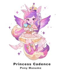 Size: 1232x1399 | Tagged: safe, artist:koyii-kong, imported from derpibooru, princess cadance, alicorn, anthro, boots, clothes, crystal heart, dress, female, mare, name, open mouth, open smile, shoes, simple background, smiling, solo, sparkles, spread wings, white background, wings