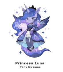 Size: 1232x1399 | Tagged: safe, artist:koyii-kong, imported from derpibooru, princess luna, alicorn, anthro, bare shoulders, clothes, dress, female, garters, hand on hip, mare, name, pillow, socks, solo, sparkles, stockings, thigh highs, watermark
