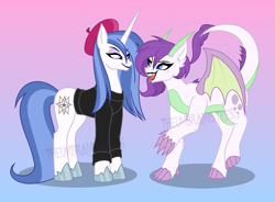 Size: 1141x840 | Tagged: safe, artist:theumbramistress, imported from derpibooru, oc, oc only, oc:fleur de cirey, oc:vanity, dracony, dragon, hybrid, pony, unicorn, beret, black lipstick, clothes, dragon wings, duo, duo female, eyeshadow, female, gradient background, hat, hoof shoes, horn, interspecies offspring, lesbian, lipstick, makeup, oc x oc, offspring, offspring shipping, parent:fancypants, parent:fleur-de-lis, parent:rarity, parent:spike, parents:fancyfleur, parents:sparity, partially open wings, shipping, sweater, tongue out, turtleneck, wings