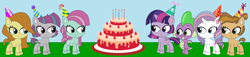 Size: 2048x464 | Tagged: safe, artist:marybethmaria1423, imported from twibooru, caramel latte, desert weave, fluttershy, minty, potion nova, my little pony: pony life, birthday cake, butterscotch, cake, food, image, noctula, png, rule 63, saguaro