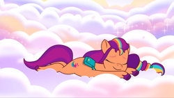 Size: 2160x1215 | Tagged: safe, imported from derpibooru, screencap, sunny starscout, earth pony, pony, spoiler:g5, spoiler:my little pony: tell your tale, spoiler:tyts02e12, cloud, cute, eyes closed, female, g5, lying down, mane stripe sunny, mare, my little pony: tell your tale, smiling, solo, sunnybetes, where the rainbows are made