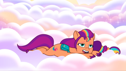 Size: 2160x1215 | Tagged: safe, imported from derpibooru, screencap, sunny starscout, earth pony, pony, spoiler:g5, spoiler:my little pony: tell your tale, spoiler:tyts02e12, cloud, cute, female, g5, lying down, mane stripe sunny, mare, my little pony: tell your tale, open mouth, open smile, smiling, solo, sunnybetes, where the rainbows are made