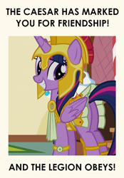 Size: 623x894 | Tagged: safe, edit, imported from derpibooru, screencap, twilight sparkle, scare master, armor, athena sparkle, caesar's legion, clothes, costume, fallout, fallout: new vegas, nightmare night costume, text edit