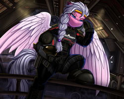 Size: 2712x2171 | Tagged: safe, artist:pridark, imported from derpibooru, oc, bipedal, clothes, helldivers 2, solo, suit, wings