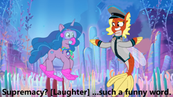 Size: 1366x768 | Tagged: safe, edit, edited screencap, imported from derpibooru, screencap, izzy moonbow, oc, oc:posada, pony, seapony (g4), unicorn, equestria at war mod, a match made in tartarus, bubble, coral, crepuscular rays, dorsal fin, female, fin, fin wings, fins, fish tail, flowing mane, flowing tail, g4 to g5, g5, generation leap, horn, mare, ocean, scales, seaweed, sunlight, swimming, tail, underwater, water, wings, xk-class end-of-the-world scenario