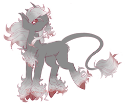 Size: 1771x1465 | Tagged: safe, alternate version, artist:luna_mcboss, imported from derpibooru, oc, oc only, pony, unicorn, beard, blank flank, chest fluff, cloven hooves, colored hooves, colored sketch, facial hair, feathered fetlocks, gray coat, gray mane, horn, long tail, looking up, red eyes, simple background, sketch, solo, tail, white background