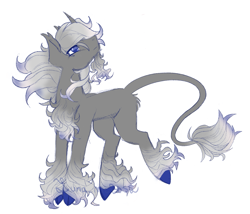 Size: 1775x1518 | Tagged: safe, alternate version, artist:luna_mcboss, imported from derpibooru, oc, oc only, pony, unicorn, blank flank, blue eyes, chest fluff, cloven hooves, colored hooves, colored sketch, feathered fetlocks, gray coat, gray mane, horn, long mane, long tail, looking up, simple background, sketch, solo, tail, white background