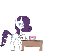 Size: 2000x1600 | Tagged: safe, artist:rigamortis_man, edit, editor:strifesnout, imported from twibooru, rarity, pony, unicorn, image, png, sewing machine, simple background, solo, table, white background