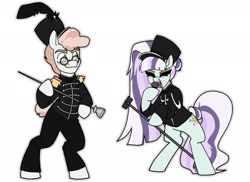 Size: 1934x1410 | Tagged: safe, artist:b(r)at, imported from derpibooru, coloratura, svengallop, earth pony, pony, band uniform, baton, bipedal, clothes, countess coloratura, duo, duo male and female, eyes closed, female, glasses, hat, male, mare, microphone, microphone stand, my chemical romance, open mouth, simple background, singing, stallion, uniform, white background