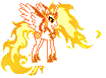 Size: 208x154 | Tagged: safe, artist:jaye, imported from derpibooru, daybreaker, alicorn, pony, animated, clothes, crown, desktop ponies, female, fire, fire hair, hoof shoes, horn, jewelry, mane of fire, mare, necklace, pixel art, princess shoes, regalia, shoes, simple background, solo, spread wings, sprite, standing, tail, tail of fire, transparent background, wings