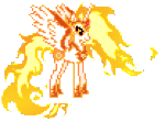 Size: 208x154 | Tagged: safe, artist:jaye, imported from derpibooru, daybreaker, alicorn, pony, animated, clothes, crown, desktop ponies, female, fire, fire hair, hoof shoes, horn, jewelry, mane of fire, mare, necklace, pixel art, princess shoes, regalia, shoes, simple background, solo, spread wings, sprite, standing, tail, tail of fire, transparent background, wings