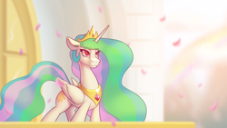 Size: 3840x2160 | Tagged: safe, artist:cocaine, edit, editor:strifesnout, imported from twibooru, princess celestia, alicorn, pony, balcony, castle, crown, female, image, jewelry, lidded eyes, mare, petals, peytral, png, regalia, smiling, solo