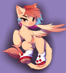Size: 2894x3226 | Tagged: safe, artist:empress-twilight, imported from derpibooru, oc, oc only, oc:cardia, pegasus, pony, ambiguous gender, chest fluff, clothes, colored eartips, colored hooves, colored muzzle, colored wings, colored wingtips, ear fluff, gradient mane, heart, leg warmers, leonine tail, looking at you, pink eyes, purple background, simple background, spread wings, tail, unshorn fetlocks, wings