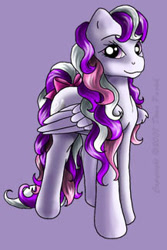 Size: 217x324 | Tagged: safe, artist:flyingpony, imported from derpibooru, oc, oc only, oc:birdie (flyingpony), pegasus, pony, fanfic:worlds apart, bow, female, g1, lavender background, mare, simple background, solo, standing, tail, tail bow