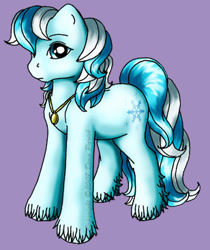 Size: 308x366 | Tagged: safe, artist:flyingpony, imported from derpibooru, oc, oc only, oc:blizzard (flyingpony), earth pony, pony, fanfic:worlds apart, g1, jewelry, lavender background, male, necklace, simple background, solo, stallion, unshorn fetlocks