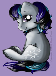 Size: 267x366 | Tagged: safe, artist:flyingpony, imported from derpibooru, oc, oc only, oc:silverstar (flyingpony), earth pony, pony, fanfic:worlds apart, colt, foal, g1, lavender background, looking at you, male, simple background, sitting, solo, unshorn fetlocks