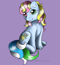 Size: 349x375 | Tagged: safe, artist:flyingpony, imported from derpibooru, oc, oc only, oc:snowmist, pony, unicorn, fanfic:worlds apart, colt, foal, g1, heterochromia, horn, lavender background, male, simple background, sitting, solo, unshorn fetlocks