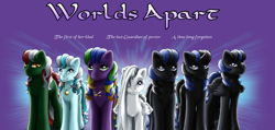 Size: 974x462 | Tagged: safe, artist:flyingpony, imported from derpibooru, oc, oc only, oc:blizzard (flyingpony), oc:lunarstar, oc:star cluster (flyingpony), oc:stardust (flyingpony), oc:starfire (flyingpony), oc:teriney, alicorn, pegasus, unicorn, fanfic:worlds apart, alicorn oc, brothers, disguised dragon, female, horn, jewelry, lavender background, male, mare, necklace, pegasus oc, siblings, simple background, slit pupils, stallion, triplets, unicorn oc, wings