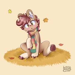 Size: 1773x1773 | Tagged: safe, artist:lazybread, imported from derpibooru, oc, oc:pitch kritter pine, earth pony, blaze (coat marking), blushing, clothes, coat markings, cute, ear fluff, earth pony oc, facial markings, grass, leaves, male, scarf, simple background, sitting, socks (coat markings), solo, stallion, underhoof, unshorn fetlocks