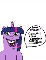 Size: 1614x2116 | Tagged: safe, artist:enterusxrname, imported from derpibooru, twilight sparkle, pony, unicorn, abomination, horn, human lips, solo, speech bubble