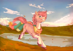 Size: 4716x3336 | Tagged: artist needed, safe, imported from derpibooru, oc, oc:pitch kritter pine, earth pony, blaze (coat marking), blushing, clothes, coat markings, countershading, cute, earth pony oc, facial markings, happy, male, outdoors, running, scarf, socks (coat markings), stallion, unshorn fetlocks