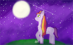 Size: 3330x2050 | Tagged: safe, artist:a1ra, imported from derpibooru, earth pony, female, g5, moon, shooting star, solo, starry night, sunny starscout's mother