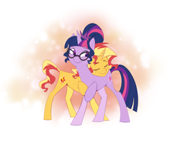 Size: 3000x2525 | Tagged: safe, artist:shanyata, imported from derpibooru, sci-twi, sunset shimmer, twilight sparkle, pony, unicorn, equestria girls, cute, duo, duo female, equestria girls ponified, eyes closed, female, high res, horn, lesbian, looking back, mare, nuzzling, sci-twishimmer, shipping, simple background, smiling, sunsetsparkle, unicorn sci-twi, white background