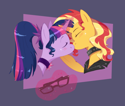 Size: 2700x2300 | Tagged: safe, artist:shanyata, imported from derpibooru, sci-twi, sunset shimmer, twilight sparkle, pony, unicorn, equestria girls, blush lines, blushing, bust, choker, duo, duo female, equestria girls ponified, eyes closed, female, glasses off, high res, horn, lesbian, levitation, magic, mare, passepartout, purple background, sci-twishimmer, shipping, simple background, spiked choker, sunsetsparkle, telekinesis, unicorn sci-twi