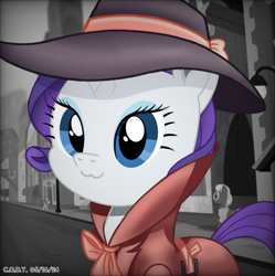 Size: 1980x1986 | Tagged: safe, artist:codenamekid, imported from derpibooru, blueberry curls, bubblegum blossom, colton john, levon song, rarity, earth pony, pony, unicorn, rarity takes manehattan, :3, background pony, belt, belt buckle, clothes, cropped, detective, detective rarity, digital art, eyelashes, eyeshadow, female, grayscale, hat, highlights, horn, looking at you, makeup, male, manehattan, mare, monochrome, morning, ribbon, screencap background, shading, smiling, smiling at you, solo focus, stallion, sunglasses, trenchcoat