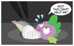 Size: 2225x1387 | Tagged: safe, artist:brayburnman, imported from derpibooru, spike, dragon, spider, bondage, cocoon, dialogue, dragon in distress, emanata, male, mummification, mummified, open mouth, peril, solo, speech bubble, spider web, stallion in distress, struggling, sweat, sweatdrops, teary eyes