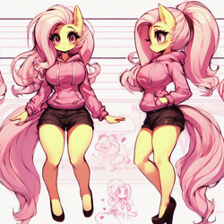 Size: 1024x1024 | Tagged: safe, imported from derpibooru, fluttershy, anthro, adorasexy, ai content, ai generated, big breasts, breasts, busty fluttershy, clothes, cute, female, high heels, hoodie, looking at you, prompter:horselover fat, sexy, shoes, short, shorts, shyabetes, side view, sideboob, simple background, sketchbook, solo, standing, stupid sexy fluttershy, turnaround, wingless, wingless anthro, wrong eye color