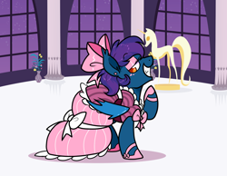 Size: 1624x1260 | Tagged: safe, artist:paperbagpony, imported from derpibooru, oc, oc:stardust(cosmiceclipse), bat pony, pony, bow, clothes, crossdressing, dress, ear piercing, earring, eyeshadow, gala dress, grin, hair bow, hoof shoes, jewelry, makeup, male, piercing, raised hoof, smiling, stallion