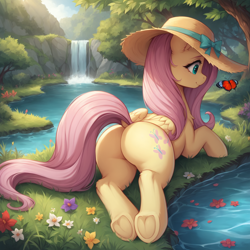 Size: 1536x1536 | Tagged: safe, imported from derpibooru, fluttershy, butterfly, pegasus, pony, ai content, ai generated, butt, chest fluff, dock, ear fluff, female, flower, flutterbutt, frog (hoof), generator:bluefox mix, generator:stable diffusion, grass, hat, leg fluff, looking at something, lying down, lying on the ground, mare, outdoors, plot, prompter:tyto4tme4l, prone, rear view, ribbon, rock, smiling, solo, spring, straw hat, stupid sexy fluttershy, tail, tree, underhoof, water, waterfall