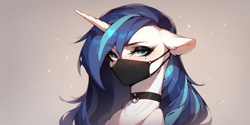 Size: 2400x1200 | Tagged: safe, imported from derpibooru, shining armor, unicorn, ai content, ai generated, bust, choker, face mask, horn, makeup, mask, portrait, prompter:greesys, rule 63, solo