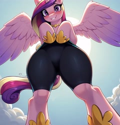 Size: 4096x4273 | Tagged: safe, imported from derpibooru, princess cadance, alicorn, pony, ai content, ai generated, bike shorts, bipedal, blushing, bottom heavy, butt, clothes, female, generator:stable diffusion, hips, looking at you, mare, plot, prompter:bbg, shorts, smiling, smiling at you, solo, spandex, spread wings, wings