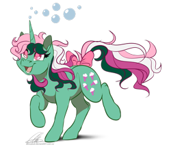Size: 1075x937 | Tagged: dead source, safe, artist:dvixie, deleted from derpibooru, imported from derpibooru, imported from twibooru, fizzy, pony, twinkle eyed pony, unicorn, banned from derpibooru, bow, bubble, g1, g1 to g4, generation leap, happy, open mouth, raised hoof, running, signature, simple background, solo, tail bow, transparent background