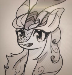 Size: 2625x2719 | Tagged: safe, artist:37240622, imported from derpibooru, autumn blaze, kirin, pony, bust, female, mare, monochrome, open mouth, photo, picture of a screen, sketch, solo