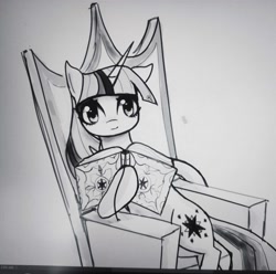 Size: 3503x3472 | Tagged: safe, artist:37240622, imported from derpibooru, twilight sparkle, alicorn, pony, book, female, mare, photo, picture of a screen, sitting, solo, throne, twilight sparkle (alicorn)