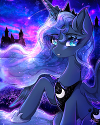 Size: 576x720 | Tagged: safe, artist:natures_love, imported from derpibooru, princess luna, alicorn, pony, blue eyes, female, mare, night, raised hoof, solo, teeth
